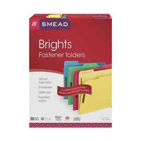 Smead Smead, TOP TAB COLORED 2-FASTENER FOLDERS, 1/3-CUT TABS, LETTER SIZE, ASSORTED, 50PK 11975